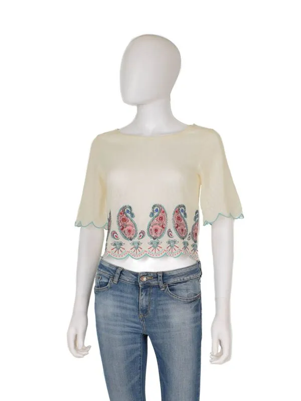 Top cropped Springfield XS | Alb, Cropped (Scurt), Mânecă scurtă, Broderie, Poliester