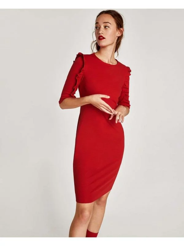 Rochie casual Zara M | Roșu, Midi, Bumbac - Image 2