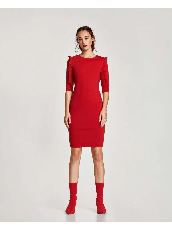 Rochie casual Zara M | Roșu, Midi, Bumbac - Image 3