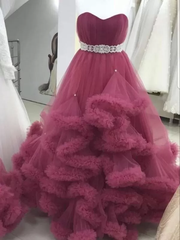 Rochie de seară S | Roz, Maxi, Cu umerii goi, Volane - Image 2