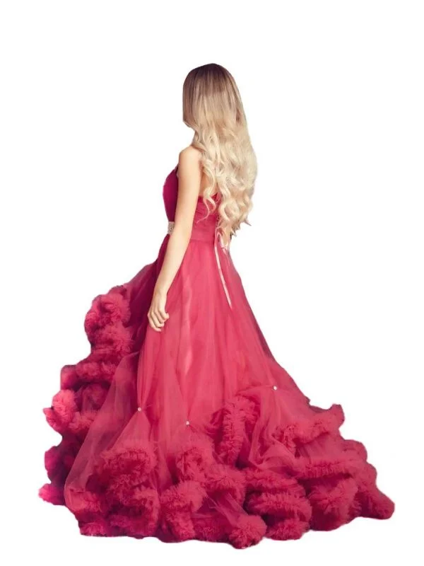 Rochie de seară S | Roz, Maxi, Cu umerii goi, Volane