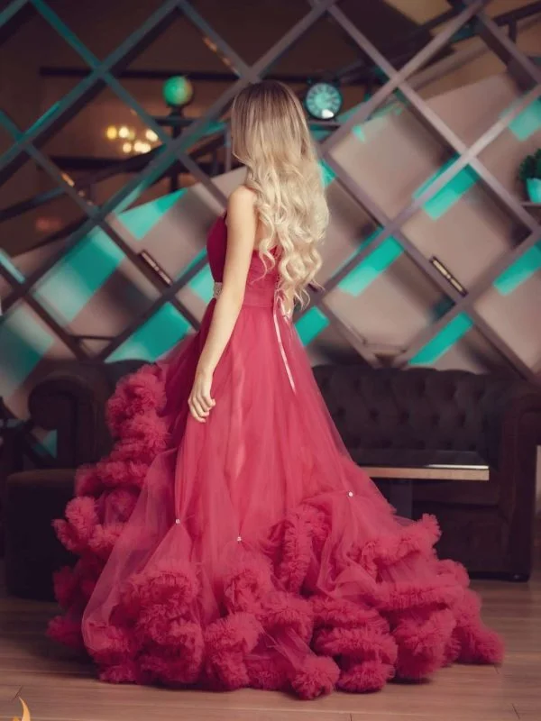 Rochie de seară S | Roz, Maxi, Cu umerii goi, Volane - Image 6