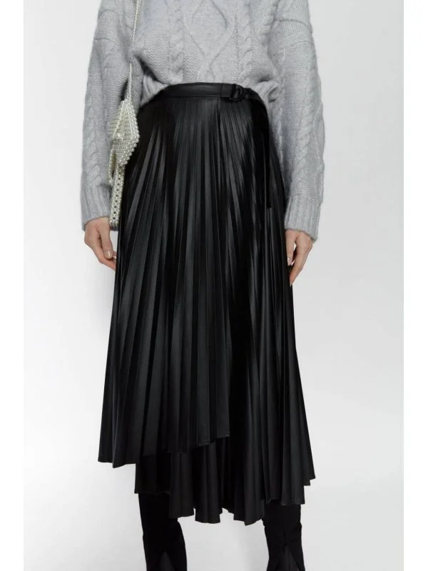 Fustă Zara S | Negru, Midi, Piele ecologică - Image 2