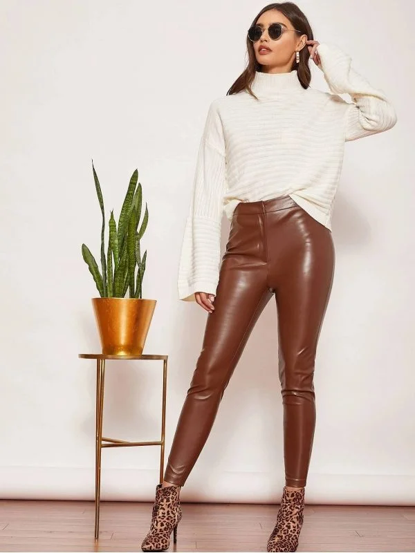 Pantaloni Shein EU 36 | Maro, Lungi, Piele ecologică - Image 4