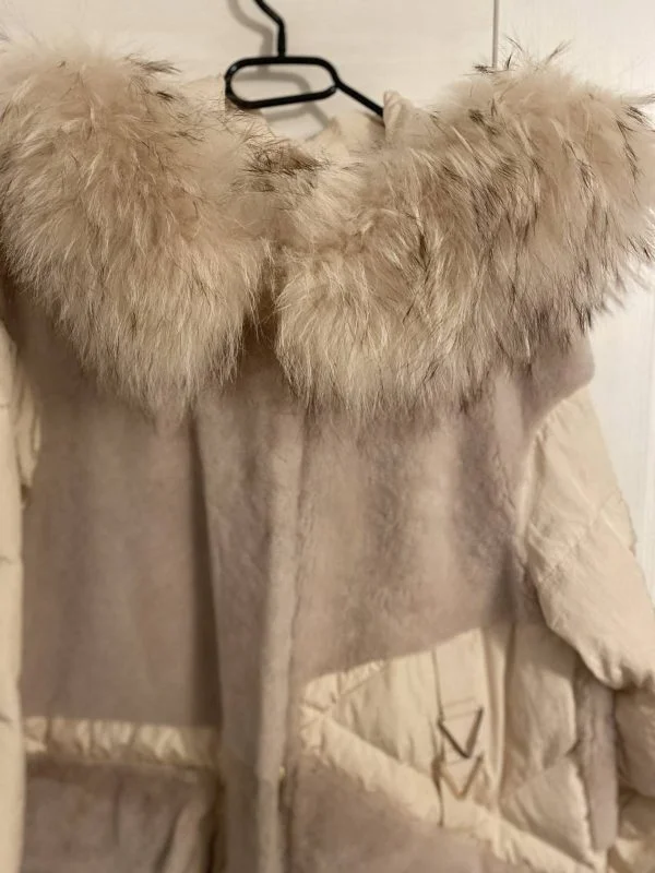Geacă matlasată BOUTIQUE M | Crem, Cu glugă, Blană naturală - Image 3
