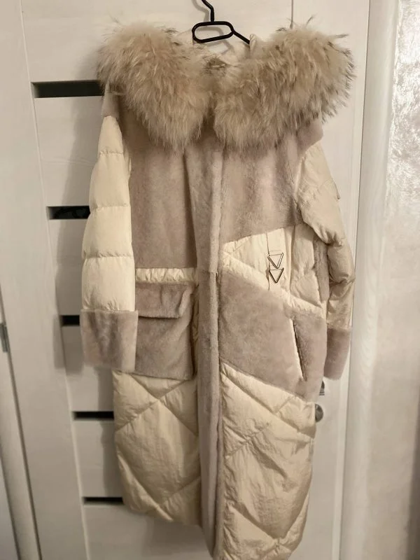 Geacă matlasată BOUTIQUE M | Crem, Cu glugă, Blană naturală - Image 2