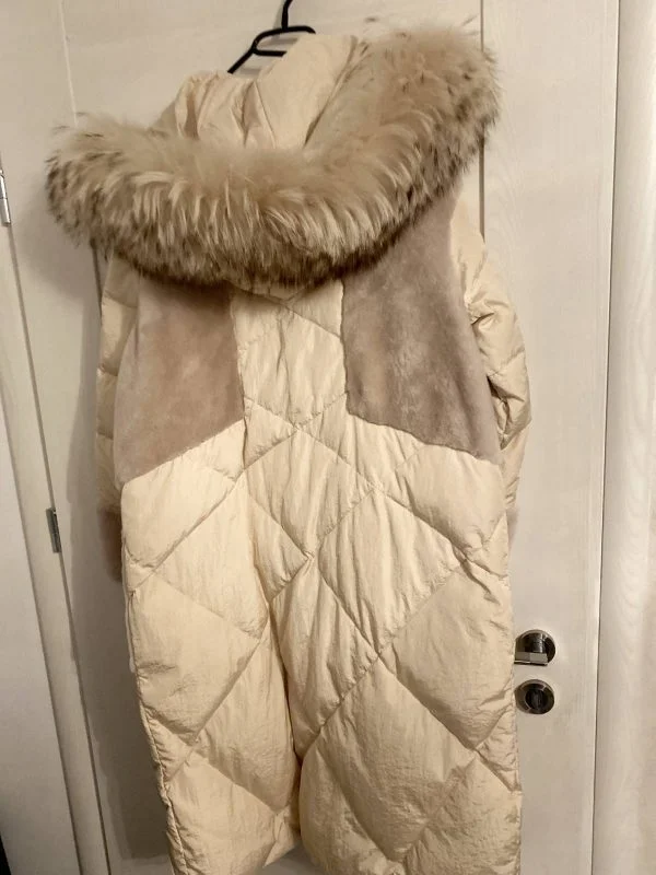 Geacă matlasată BOUTIQUE M | Crem, Cu glugă, Blană naturală - Image 4
