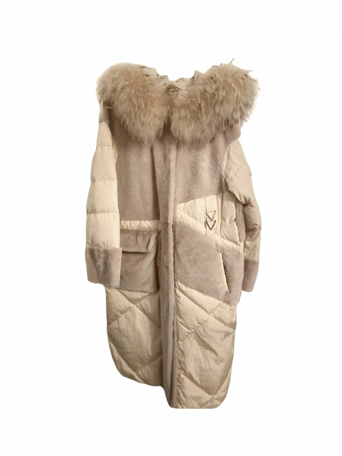 Geacă matlasată BOUTIQUE M | Crem, Cu glugă, Blană naturală