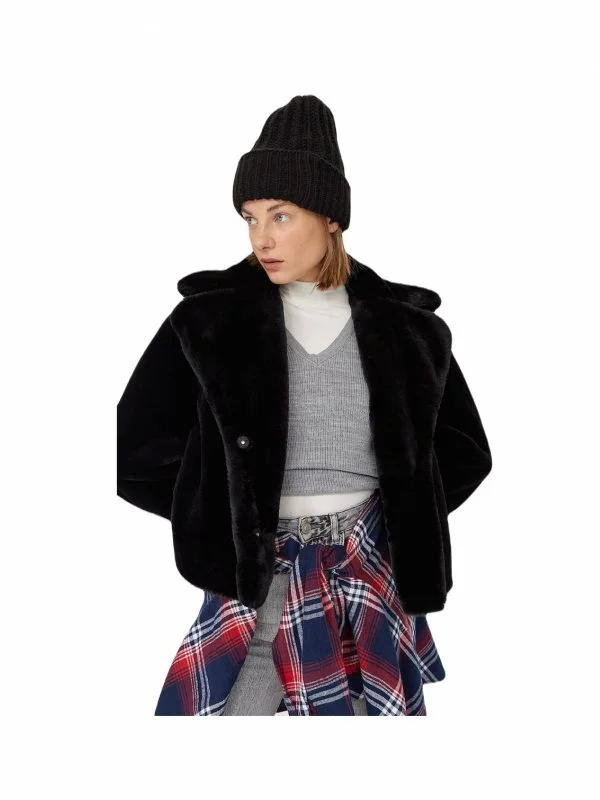 Geacă din blană Stradivarius M | Negru, Fără glugă, Blană naturală