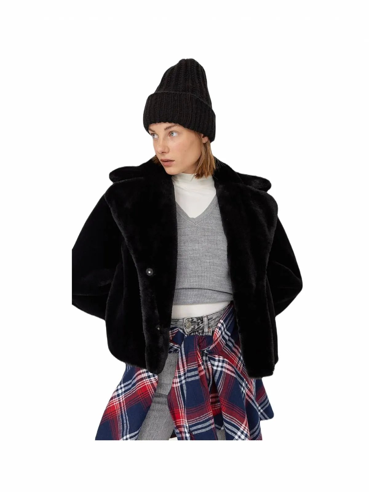 Geacă din blană Stradivarius M | Negru, Fără glugă, Blană naturală