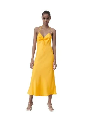 Rochie de seară Zara S | Portocaliu, Maxi, Bretele subțiri, Poliester