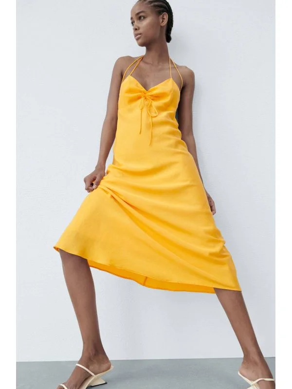 Rochie de seară Zara S | Portocaliu, Maxi, Bretele subțiri, Poliester - Image 4
