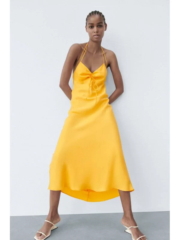 Rochie de seară Zara S | Portocaliu, Maxi, Bretele subțiri, Poliester - Image 3