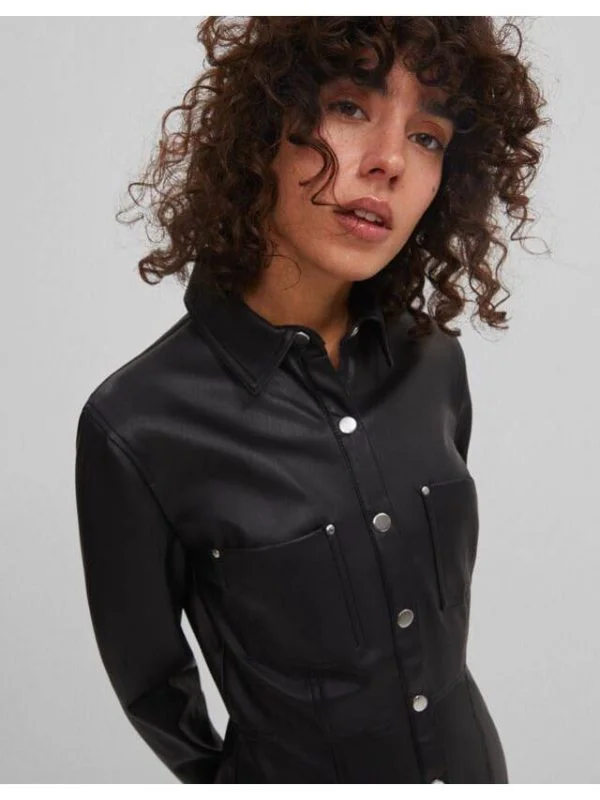 Rochie casual Bershka S | Negru, Mini, Piele ecologică - Image 3