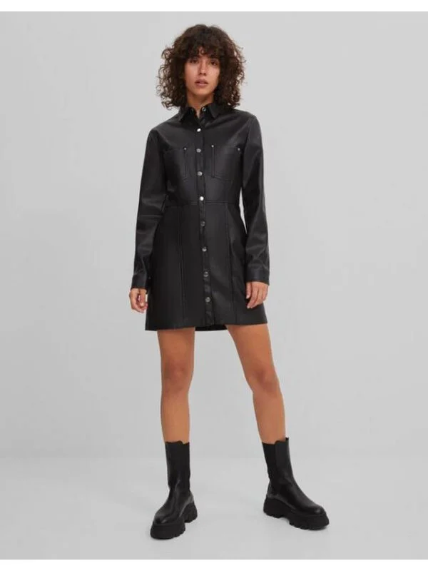 Rochie casual Bershka S | Negru, Mini, Piele ecologică - Image 4