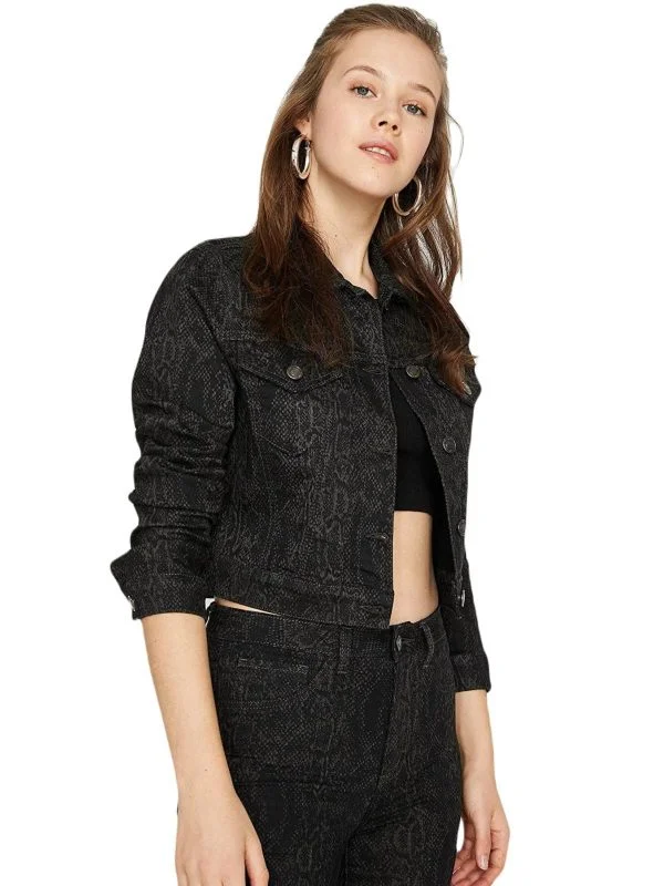 Geacă din denim KOTON EU 38 | Negru, Animal print, Bumbac