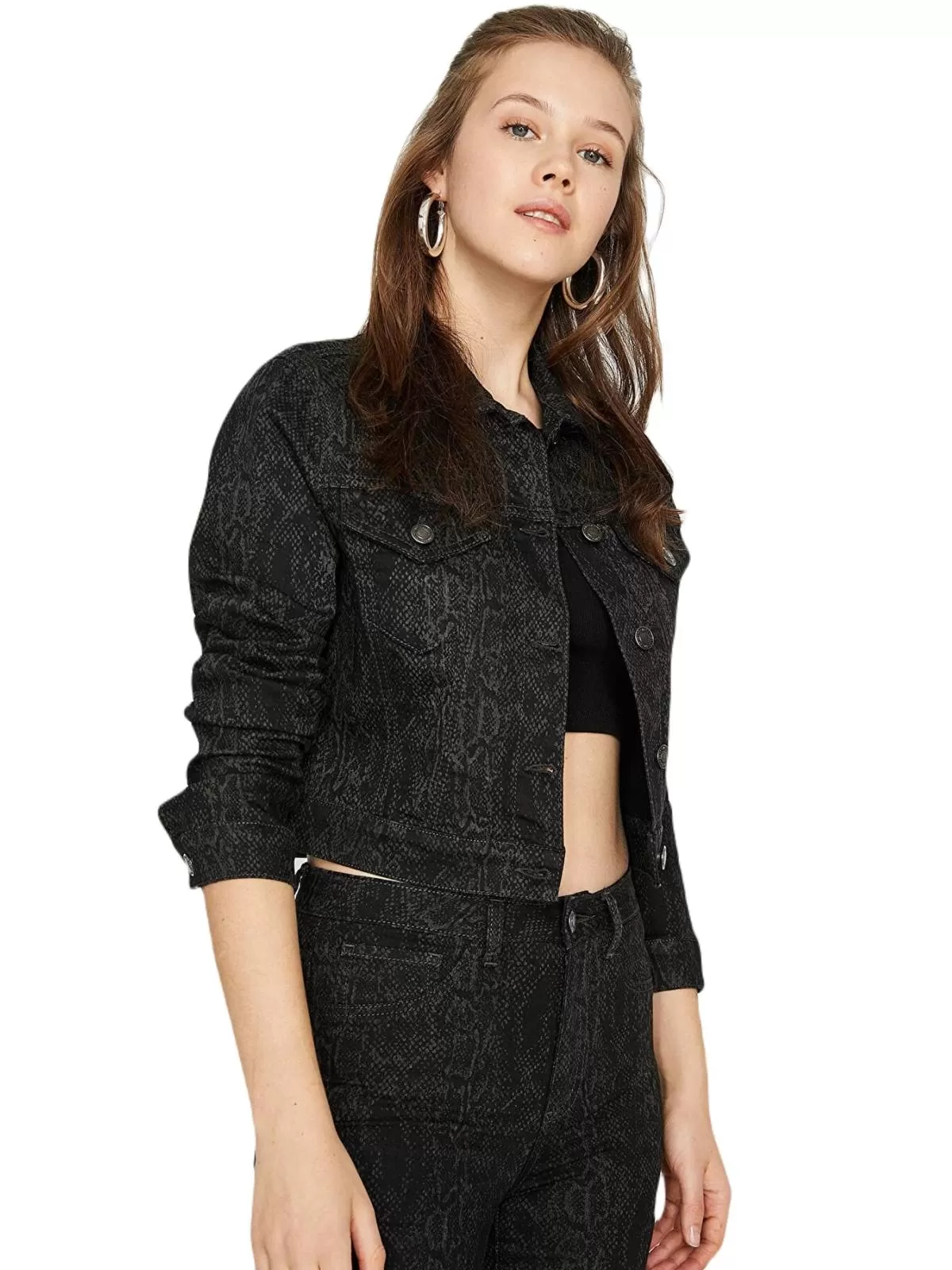 Geacă din denim KOTON EU 38 | Negru, Animal print, Bumbac