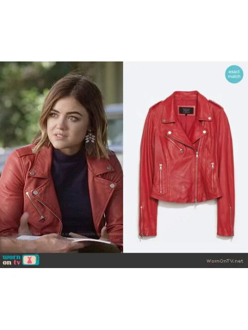 Geacă biker Zara EU 36 | Roșu, Fără glugă, Monocrom, Piele naturală - Image 8