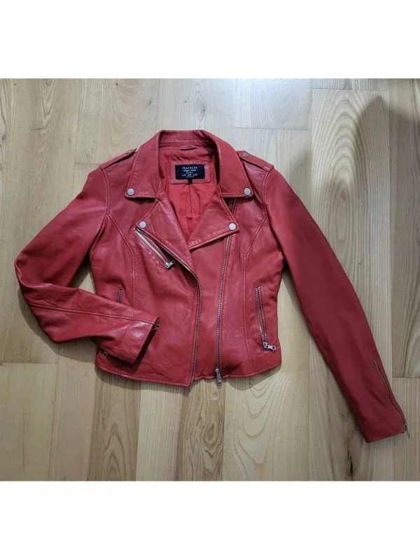 Geacă biker Zara EU 36 | Roșu, Fără glugă, Monocrom, Piele naturală - Image 5