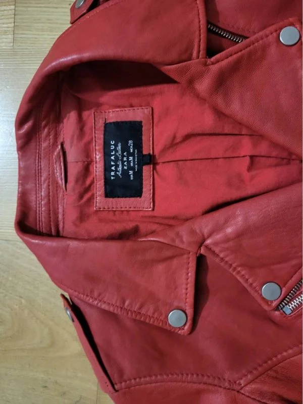 Geacă biker Zara EU 36 | Roșu, Fără glugă, Monocrom, Piele naturală - Image 7