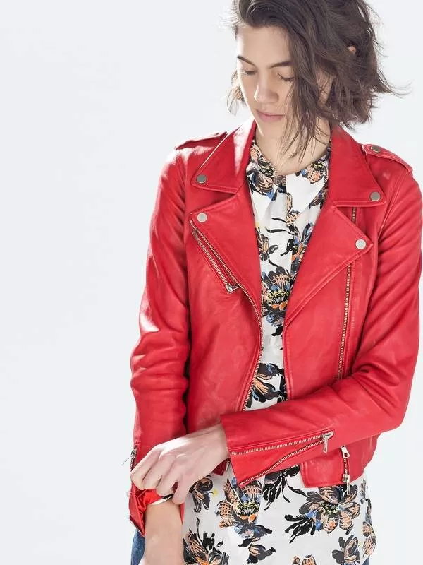 Geacă biker Zara EU 36 | Roșu, Fără glugă, Monocrom, Piele naturală - Image 3