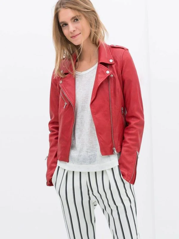 Geacă biker Zara EU 36 | Roșu, Fără glugă, Monocrom, Piele naturală - Image 2