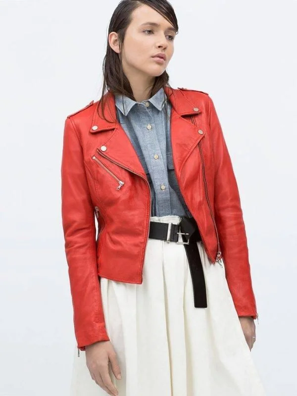 Geacă biker Zara EU 36 | Roșu, Fără glugă, Monocrom, Piele naturală - Image 4