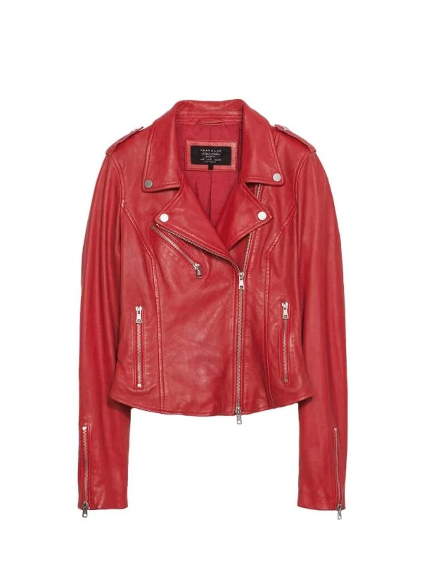 Geacă biker Zara EU 36 | Roșu, Fără glugă, Monocrom, Piele naturală
