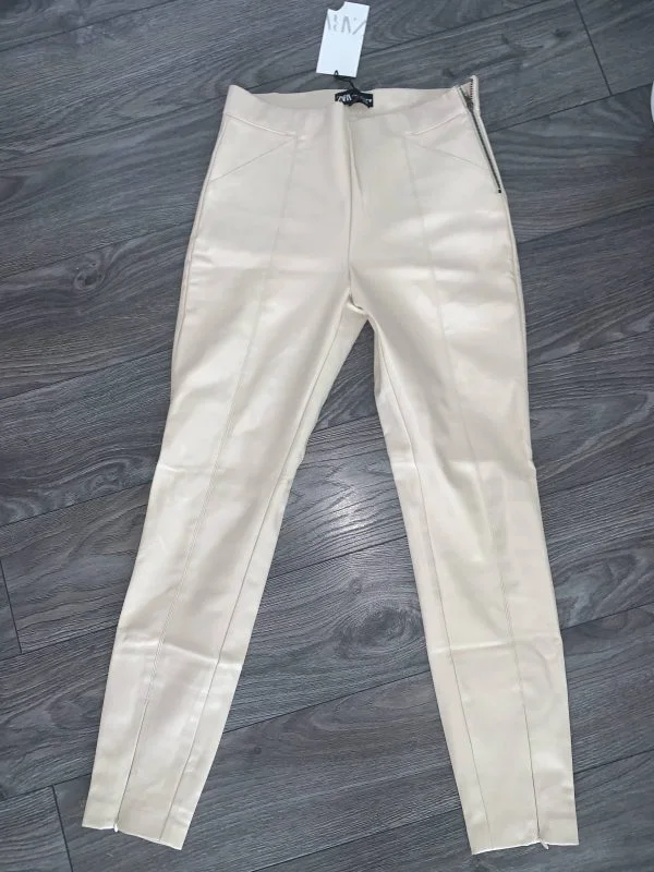 Pantaloni Zara M | Bej, Lungi, Piele ecologică - Image 6