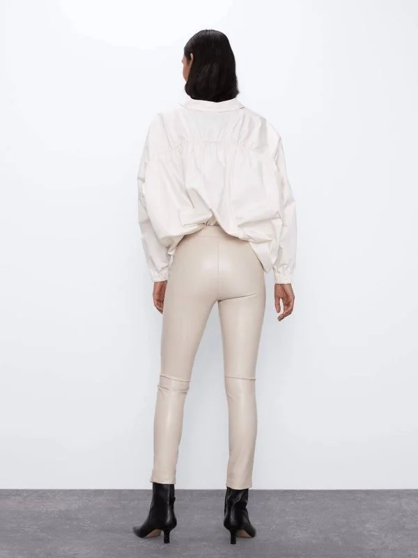 Pantaloni Zara M | Bej, Lungi, Piele ecologică - Image 2