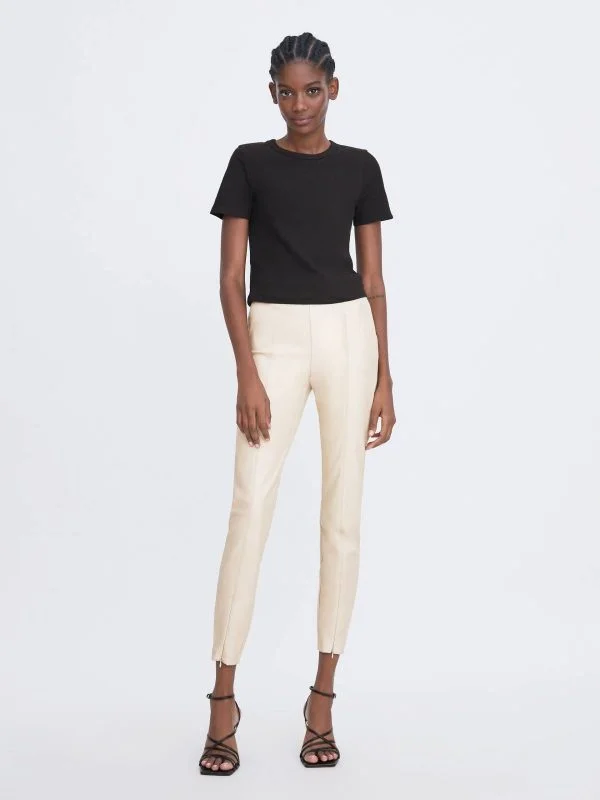 Pantaloni Zara M | Bej, Lungi, Piele ecologică - Image 4