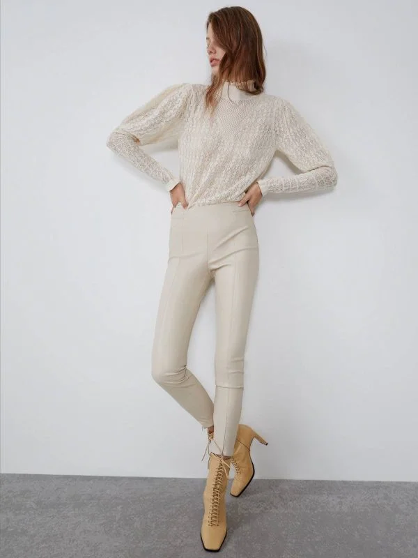 Pantaloni Zara M | Bej, Lungi, Piele ecologică - Image 3
