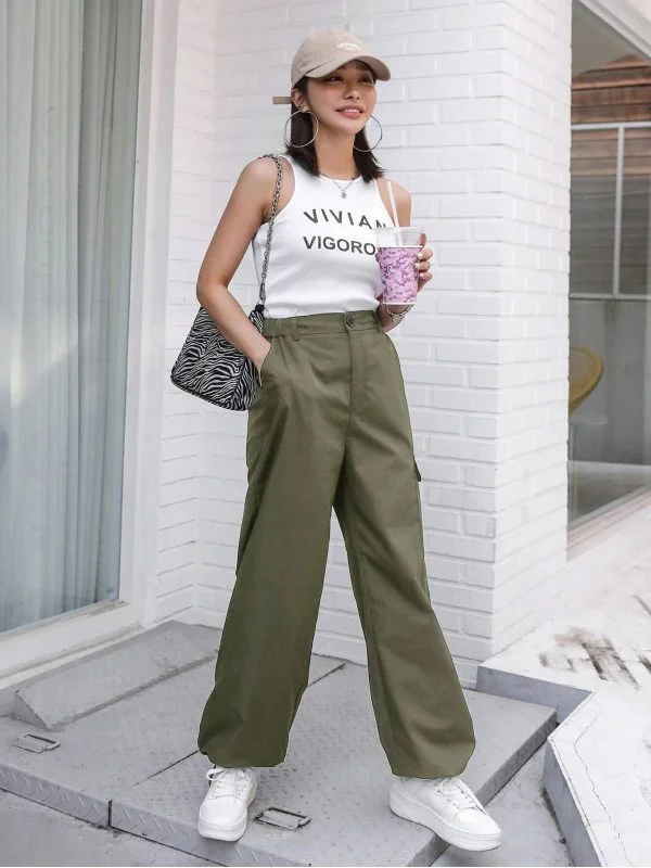 Pantaloni Shein EU 36 | Khaki, Lungi, Poliester - Image 3