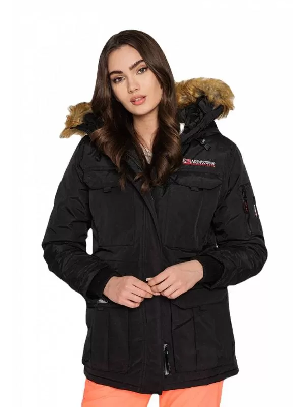 Geacă parka Geographical Norway M | Negru, Cu glugă detașabilă, Blană artificială