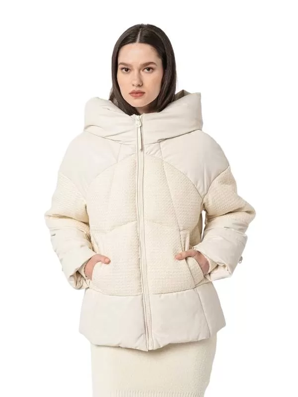Geacă de iarnă Guess S | Crem, Cu glugă, Monocrom, Piele ecologică