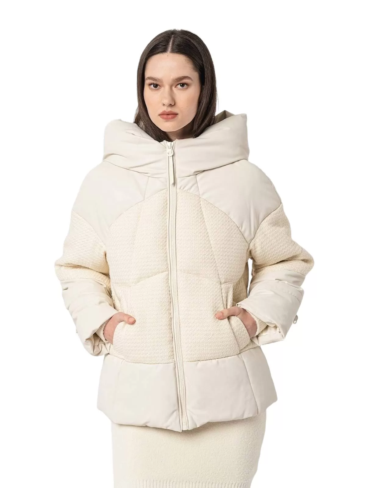Geacă de iarnă Guess S | Crem, Cu glugă, Monocrom, Piele ecologică