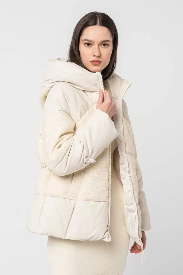 Geacă de iarnă Guess S | Crem, Cu glugă, Monocrom, Piele ecologică - Image 7