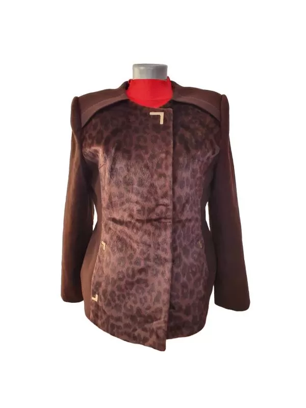 Palton scurt CARMINA EU 40 | Maro, Fără glugă, Animal print, Blană artificială