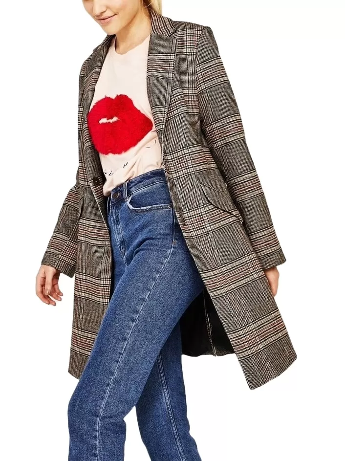 Palton Bershka S | Gri, Fără glugă, Carouri, Bumbac