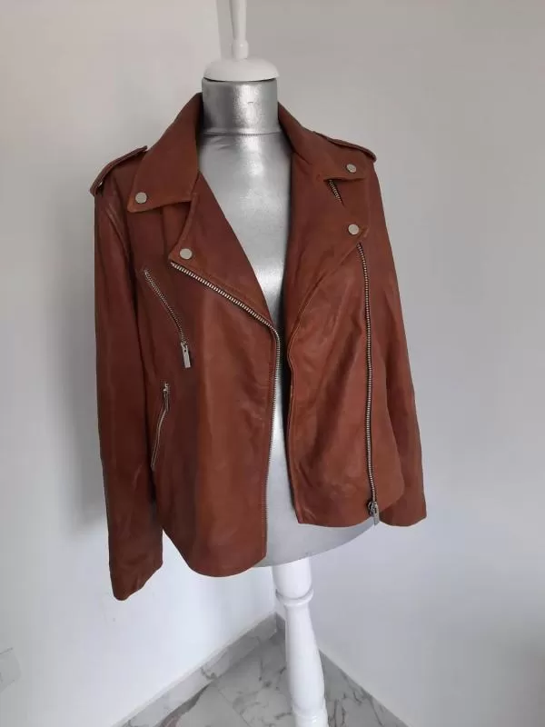 Geacă biker Mango L | Maro, Fără glugă, Monocrom, Design petrecut, Piele ecologică - Image 2