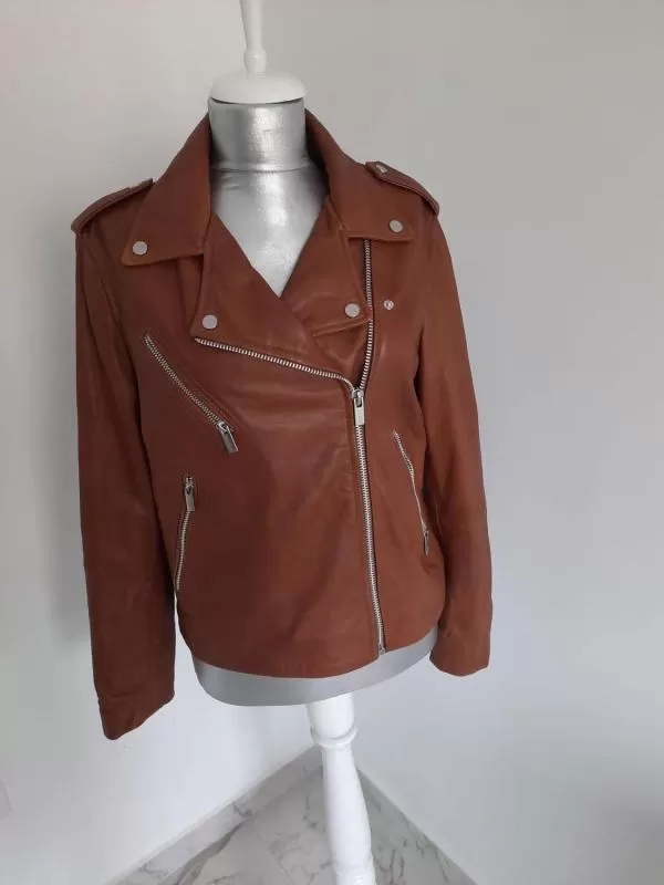 Geacă biker Mango L | Maro, Fără glugă, Monocrom, Design petrecut, Piele ecologică - Image 3
