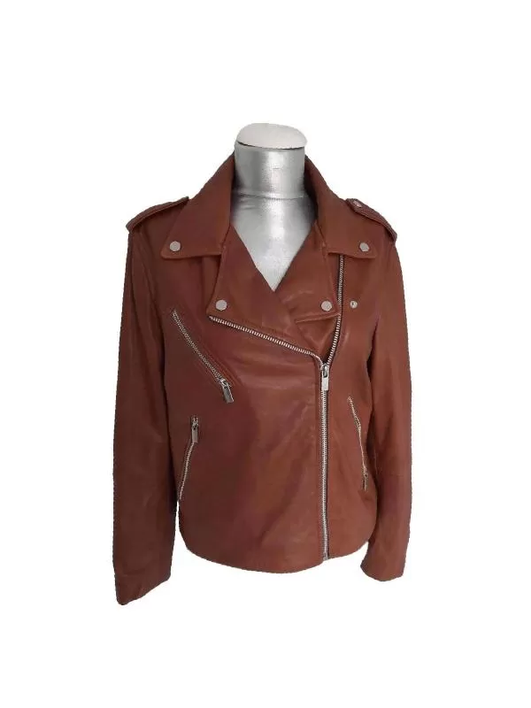 Geacă biker Mango L | Maro, Fără glugă, Monocrom, Design petrecut, Piele ecologică