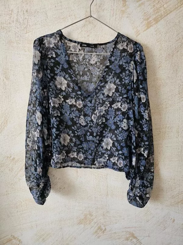 Bluză Sinsay M | Albastru, Normal, Mânecă lungă, Floral & Tropical, Poliester - Image 4