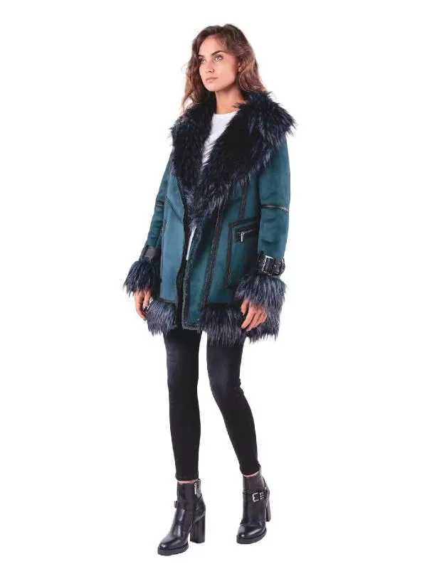 Geacă din blană Guess EU 40 | Turcoaz, Fără glugă, Design petrecut, Blană artificială