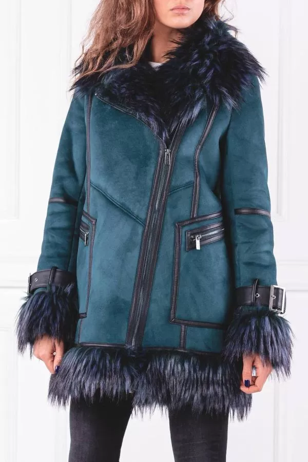 Geacă din blană Guess EU 40 | Turcoaz, Fără glugă, Design petrecut, Blană artificială - Image 2