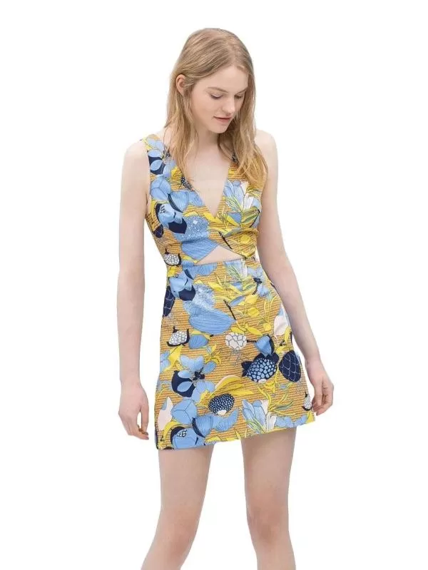 Rochie casual Zara M | Multicolor, Mini, Fără mâneci, Floral & Tropical, Cu decupaje, Bumbac
