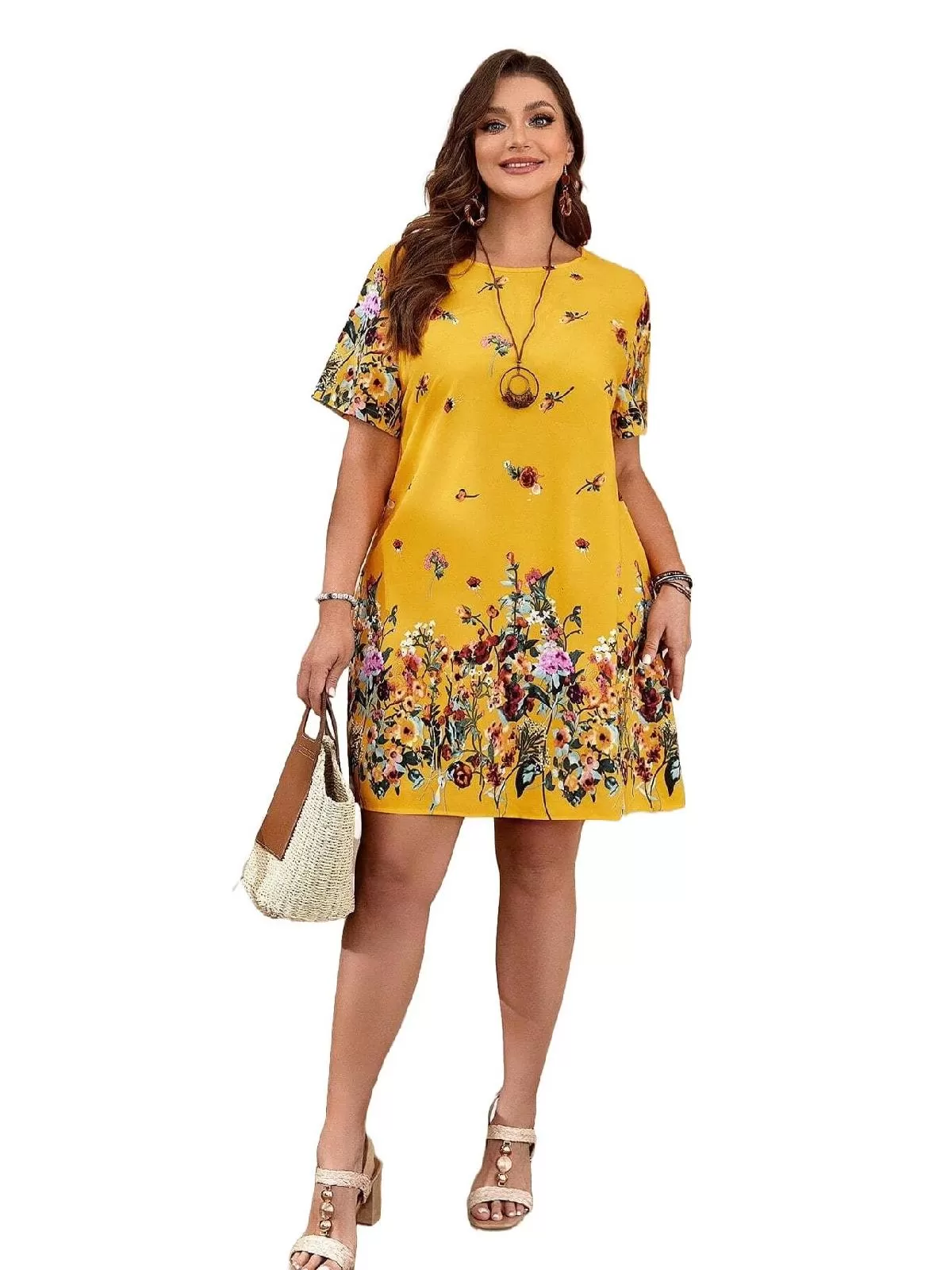 Rochie de vară Shein EU 48 | Portocaliu, Mini, Mânecă scurtă, Plus size, Floral & Tropical, Poliester