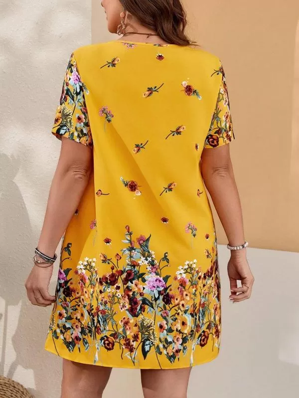 Rochie de vară Shein EU 48 | Portocaliu, Mini, Mânecă scurtă, Plus size, Floral & Tropical, Poliester - Image 4