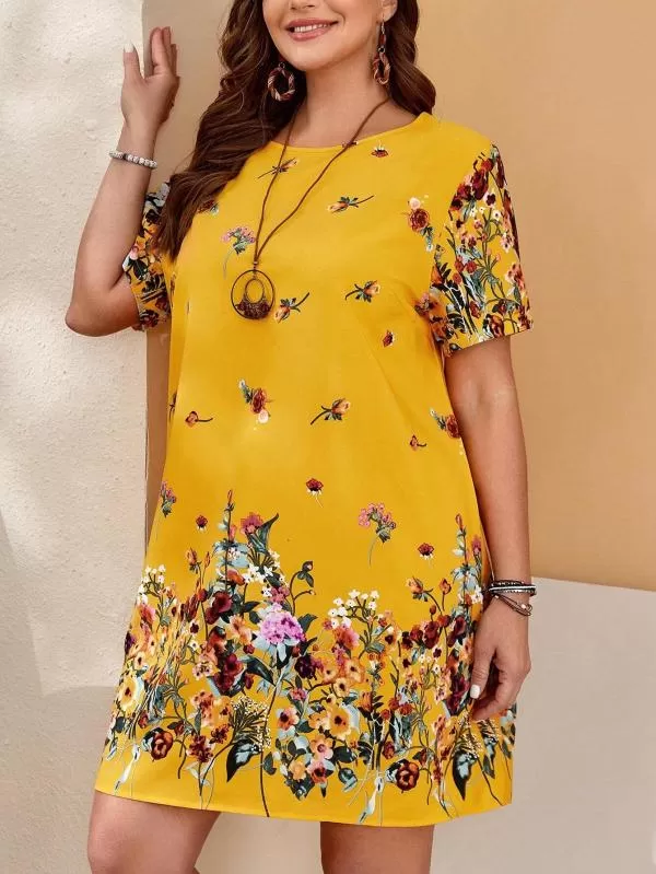 Rochie de vară Shein EU 48 | Portocaliu, Mini, Mânecă scurtă, Plus size, Floral & Tropical, Poliester - Image 3