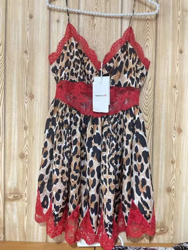Rochie de vară Rabanne H&M EU 38 | Multicolor, Mini, Bretele subțiri, Animal print, Dantelă, Poliamidă - Image 6